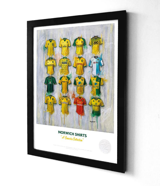 Limited edition Norwich City football shirt A3 framed print by Terry Kneeshaw Art featuring a classic Norwich City FC shirt design.