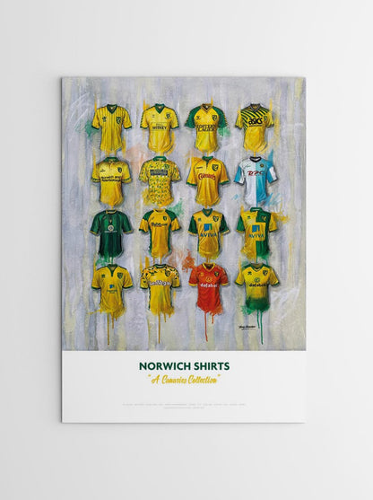 Limited edition signed print of Norwich FC shirts by Terry Kneeshaw Art, A2 size, featuring detailed football memorabilia artwork.