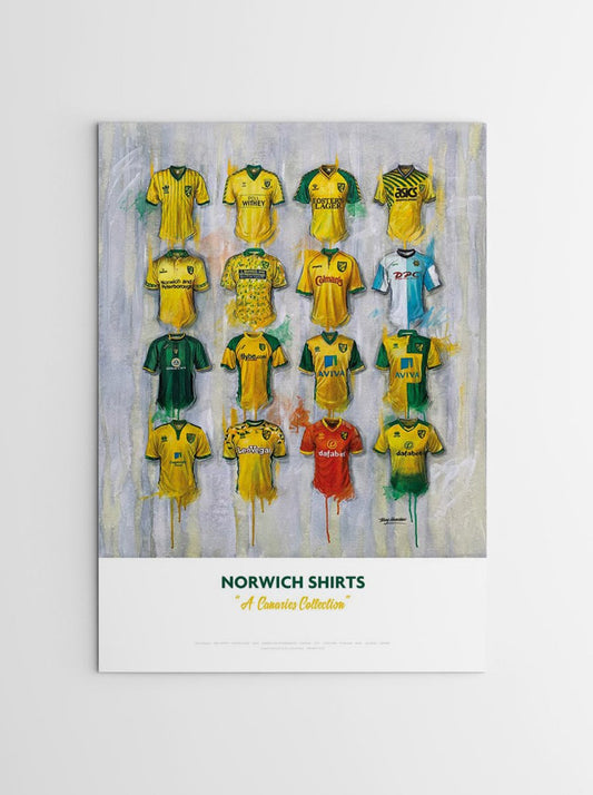 Limited edition signed print of Norwich FC shirts by Terry Kneeshaw Art, A2 size, featuring detailed football memorabilia artwork.