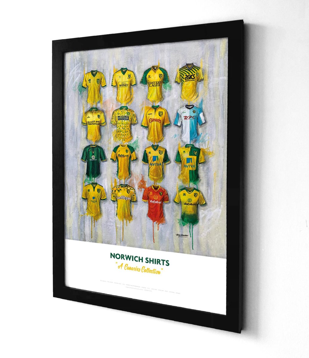 Limited edition signed print of Norwich FC shirts by Terry Kneeshaw Art, A2 size, featuring iconic football shirt designs.