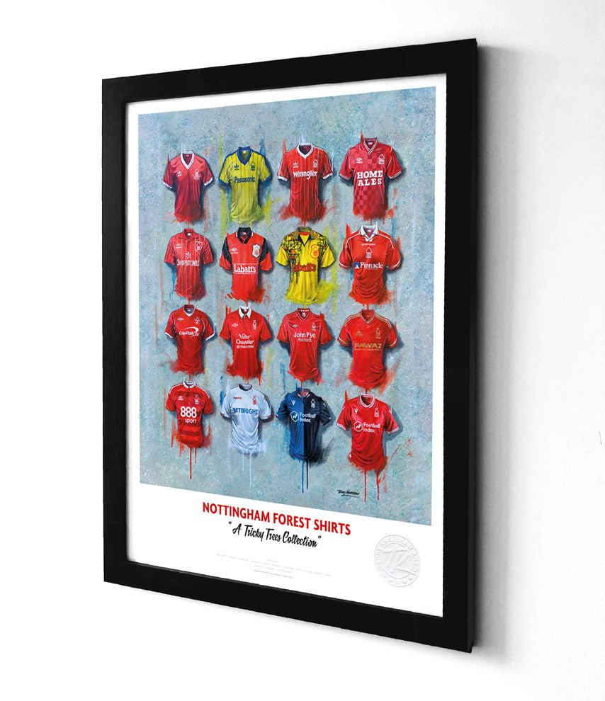 Limited edition Nottingham Forest A3 framed print featuring iconic Reds shirt wall art by Terry Kneeshaw Art.