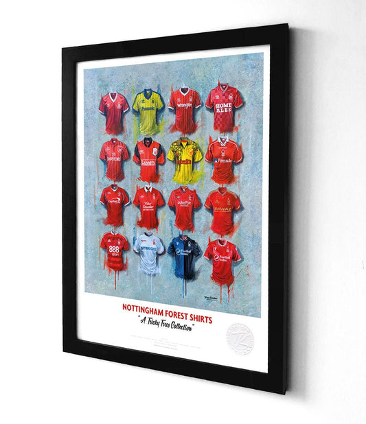 Limited edition Nottingham Forest A3 framed print featuring iconic Reds shirt wall art by Terry Kneeshaw Art.