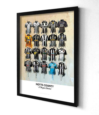 Limited edition Terry Kneeshaw Art print of Notts County FC shirts, signed and numbered, featuring detailed football memorabilia artwork.