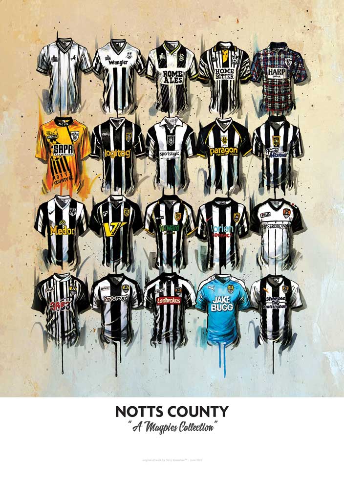 Limited edition signed print of Notts County FC shirts by Terry Kneeshaw Art, featuring detailed artwork and authentic signatures.