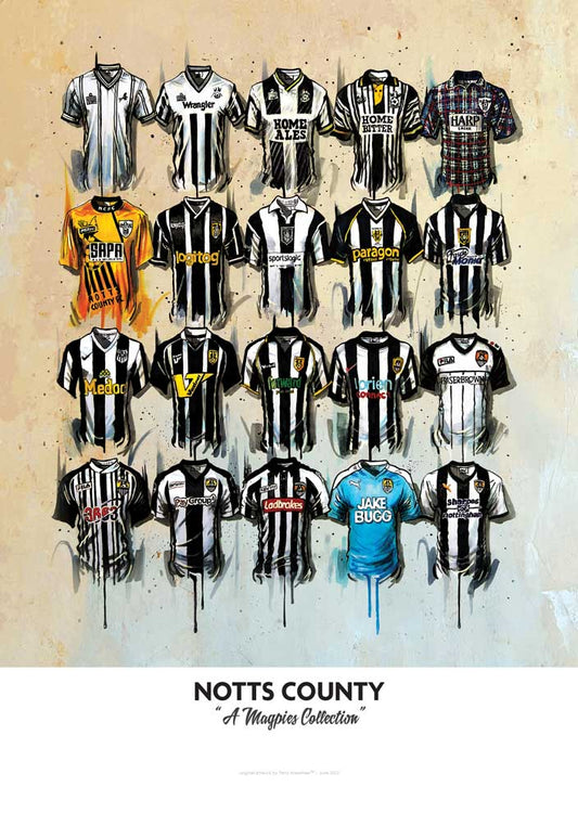 Limited edition signed print of Notts County FC shirts by Terry Kneeshaw Art, featuring detailed artwork and authentic signatures.