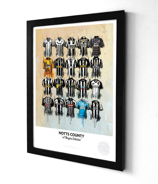 Limited edition Notts County football shirt A3 framed print by Terry Kneeshaw Art, featuring a detailed illustration of the shirt.