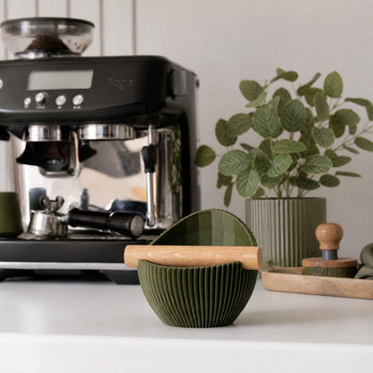 KNOCDIC® Nova Sculptural Espresso Knock Box on a countertop, stylish coffee accessory for espresso machine cleanup.