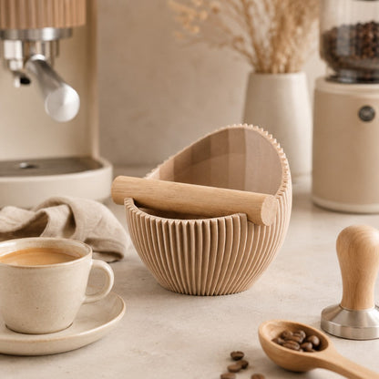 KNOCDIC Nova Sculptural Espresso Knock Box on kitchen countertop, modern coffee accessory for espresso machine cleanup