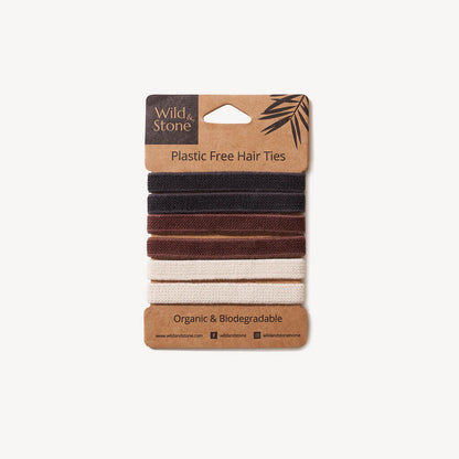Six natural plastic-free hair ties from Wild and Stone in a pack, made of eco-friendly materials for gentle hair styling.