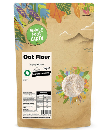 Whole Food Earth oat flour in a bag, showing a close-up of the light beige, powdered oats used for baking and cooking.