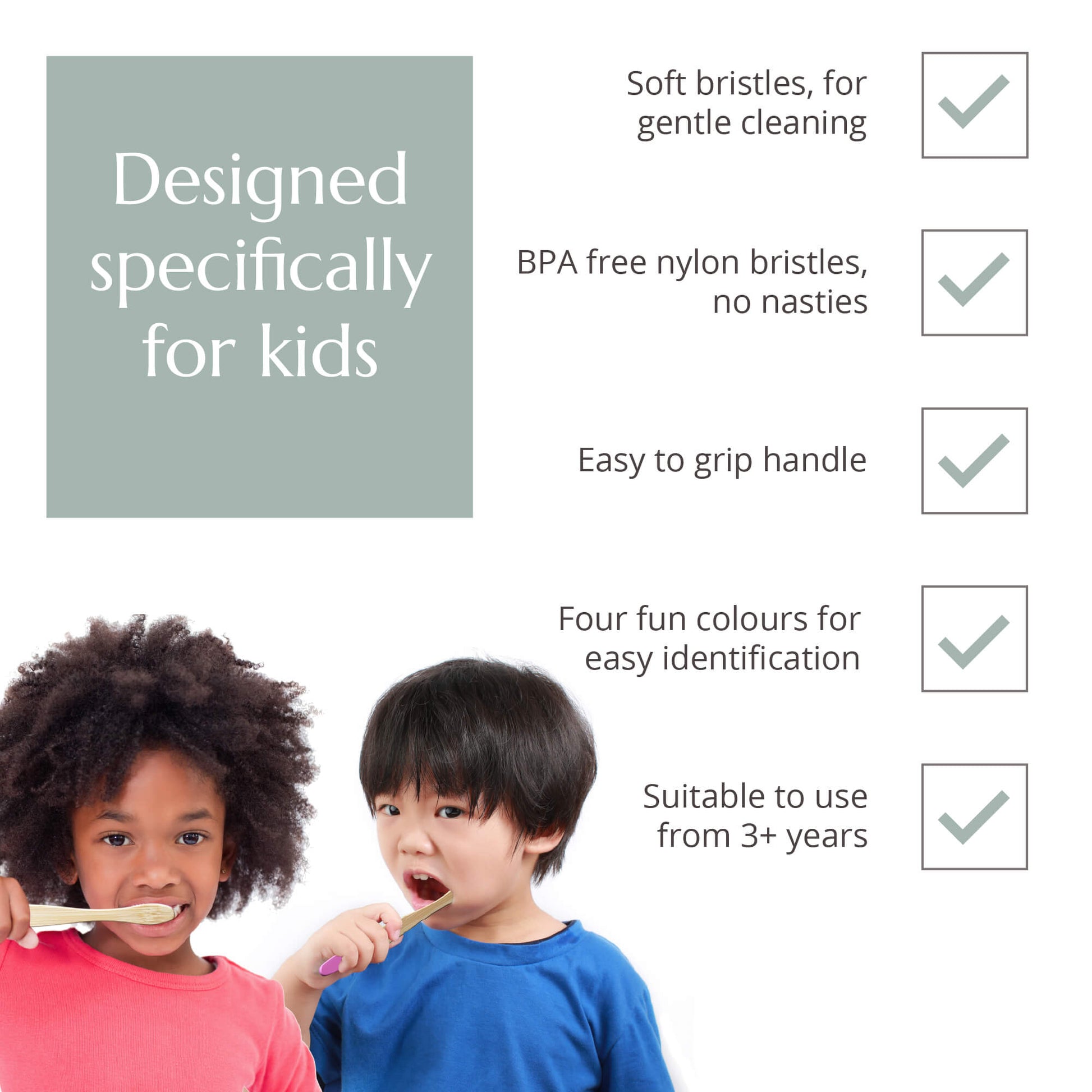 Set of four children's bamboo toothbrushes in multi-color with soft bristles by Wild And Stone, eco-friendly oral care for kids.
