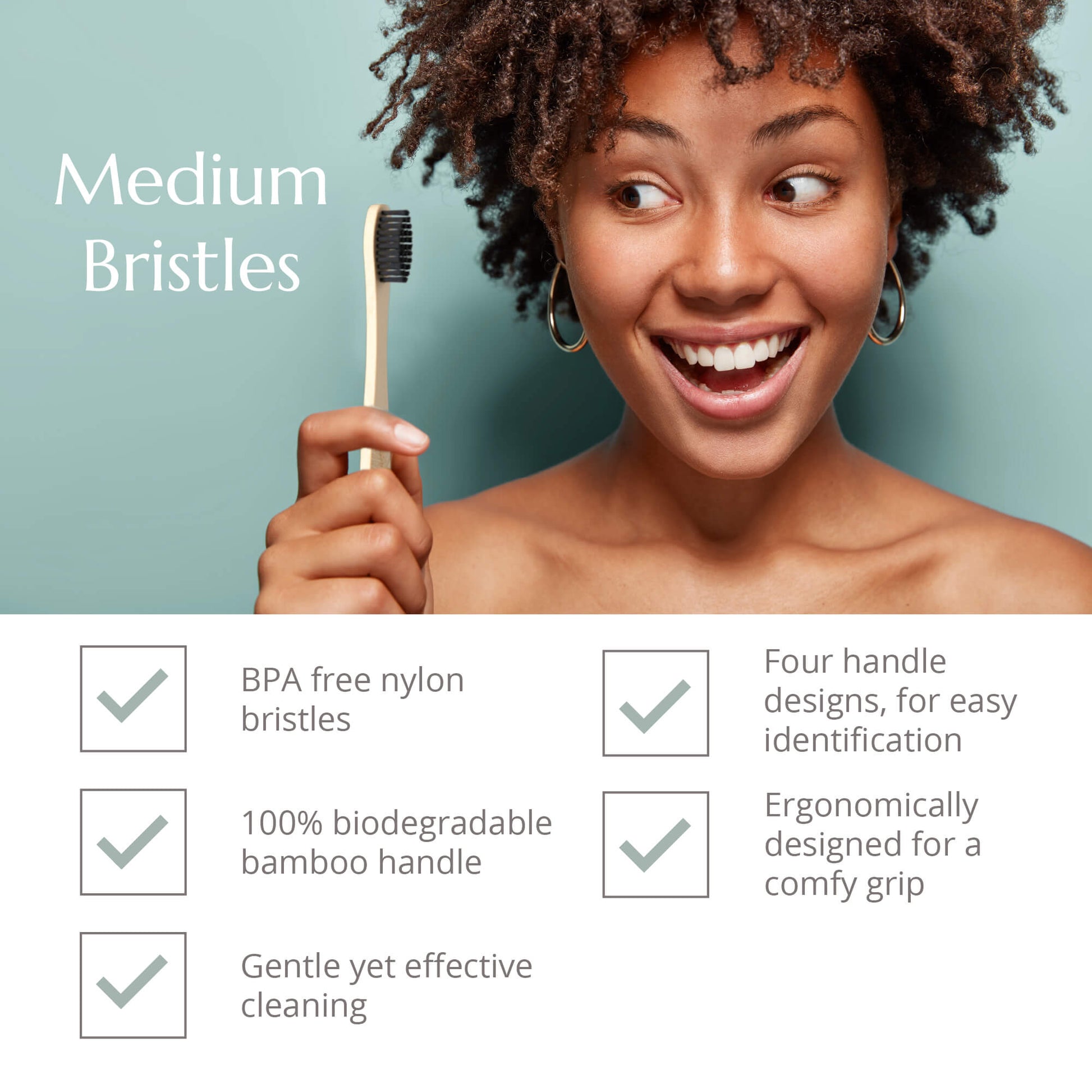 Four Wild and Stone adult bamboo toothbrushes with medium bristles, showcasing eco-friendly wooden handles and natural bristle heads.