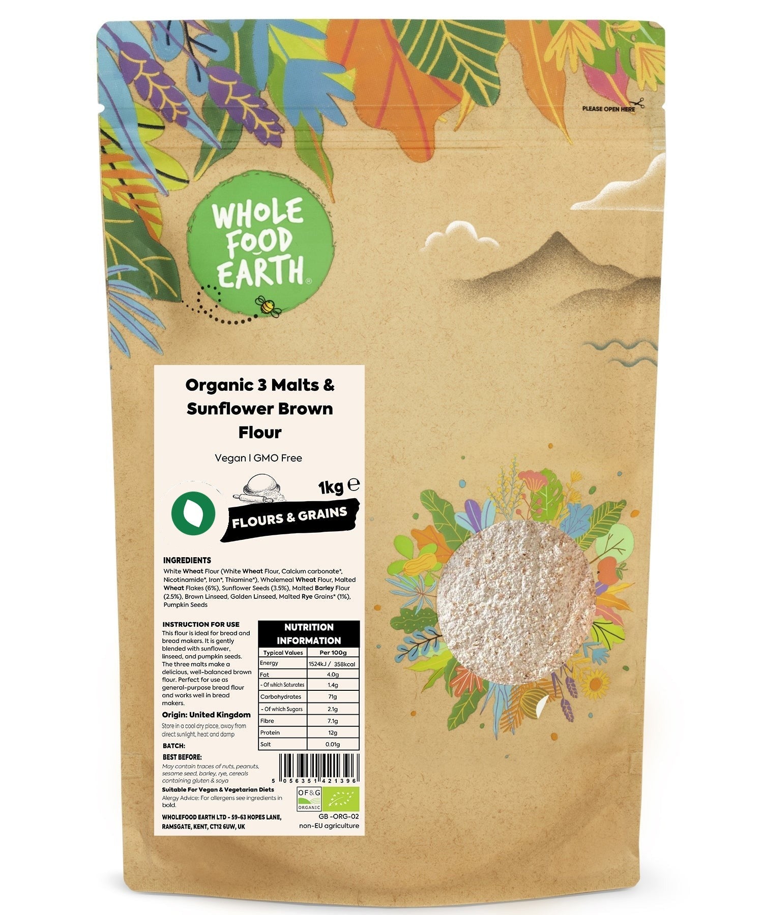 Organic 3 Malts and Sunflower Brown Flour from Whole Food Earth, showing a bag of natural whole grain flour with malt and sunflower ingredients.