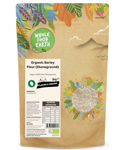 Stoneground organic barley flour from Whole Food Earth, showing light tan, fine-textured flour in a bowl.