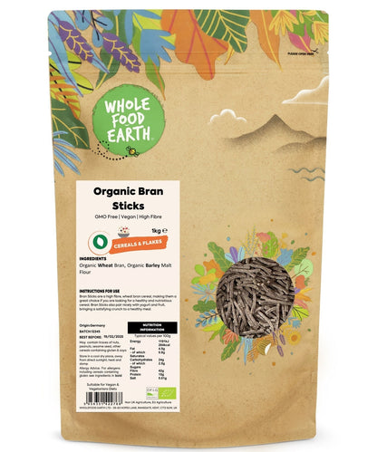 Whole Food Earth Organic Bran Sticks in a clear package, showing golden brown crunchy bran sticks for healthy snacking or breakfast.