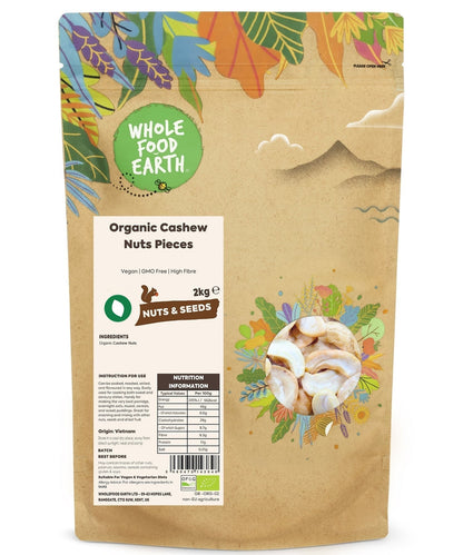 Organic cashew nut pieces from Whole Food Earth, showcasing creamy, crunchy nuts perfect for snacking or cooking.
