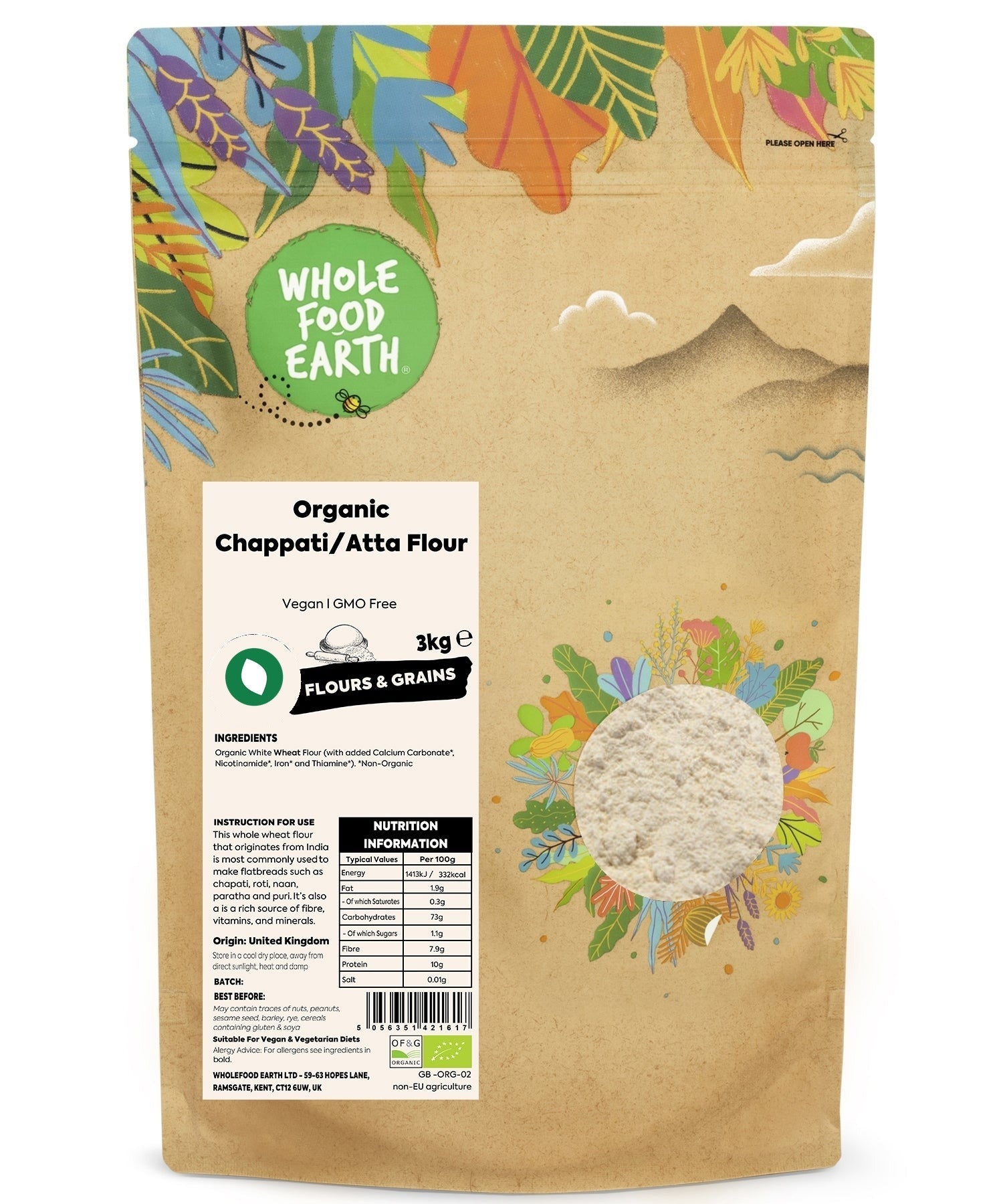 Organic Whole Food Earth Chapati Atta Flour in a clear bag, showing golden ground wheat flour for making traditional Indian bread.