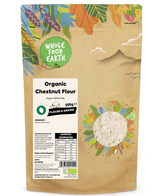 Organic chestnut flour in a natural package, highlighting Whole Food Earth brand, for baking and cooking uses.