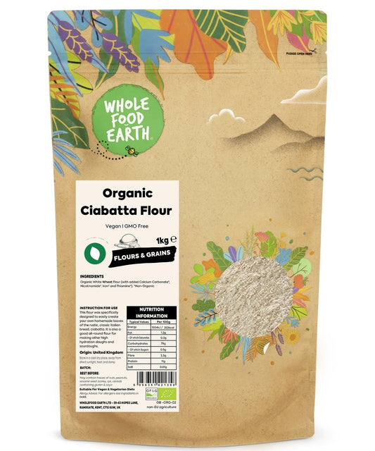 Organic Ciabatta flour from Whole Food Earth, showing a bag of premium gluten-rich flour for baking authentic Italian bread.
