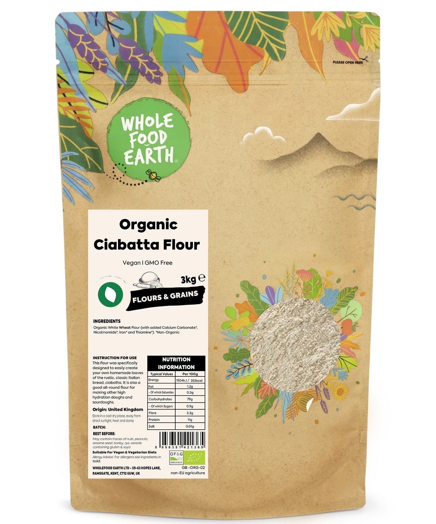Organic Whole Food Earth Ciabatta Flour bag for bread baking, showing the label and packaging in a kitchen setting.