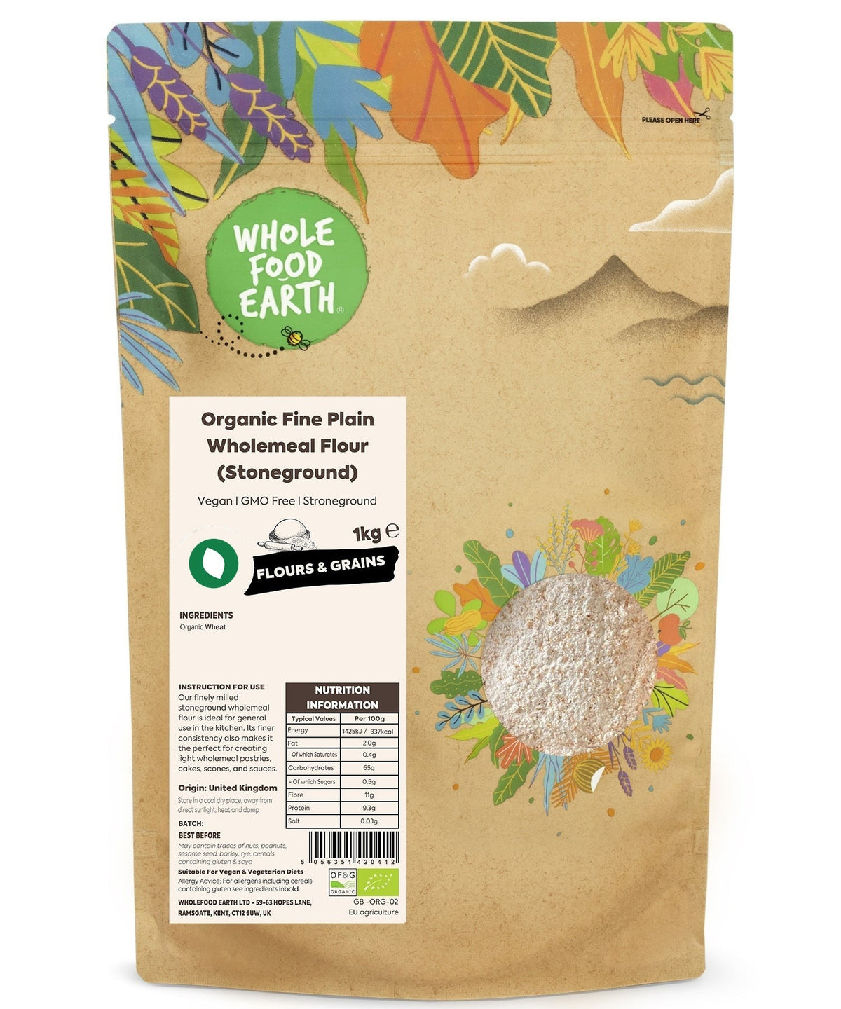 Organic fine plain wholemeal flour by Whole Food Earth, stoneground, showing a close-up of the light-colored, fine-textured flour.