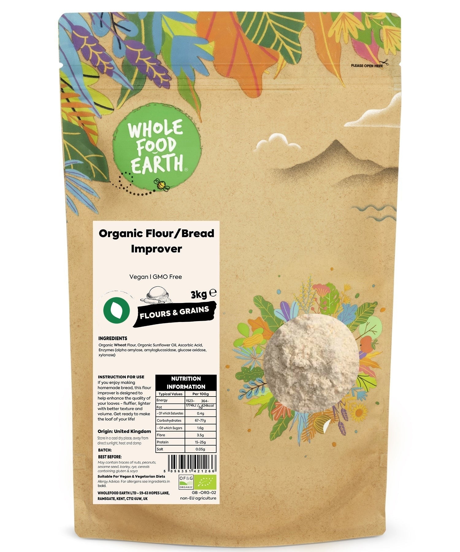 Organic flour and bread improver from Whole Food Earth, showing a bag of natural baking aid for better bread rise.