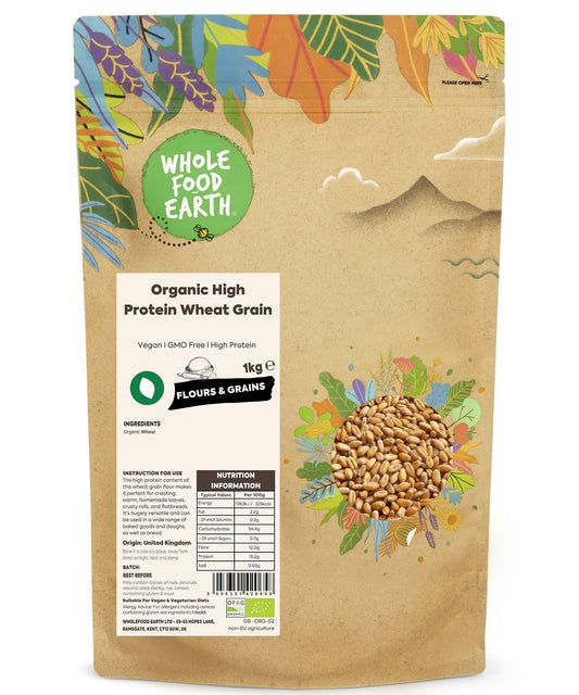 Organic wheat grains from Whole Food Earth, high-protein whole wheat kernels in a natural setting.
