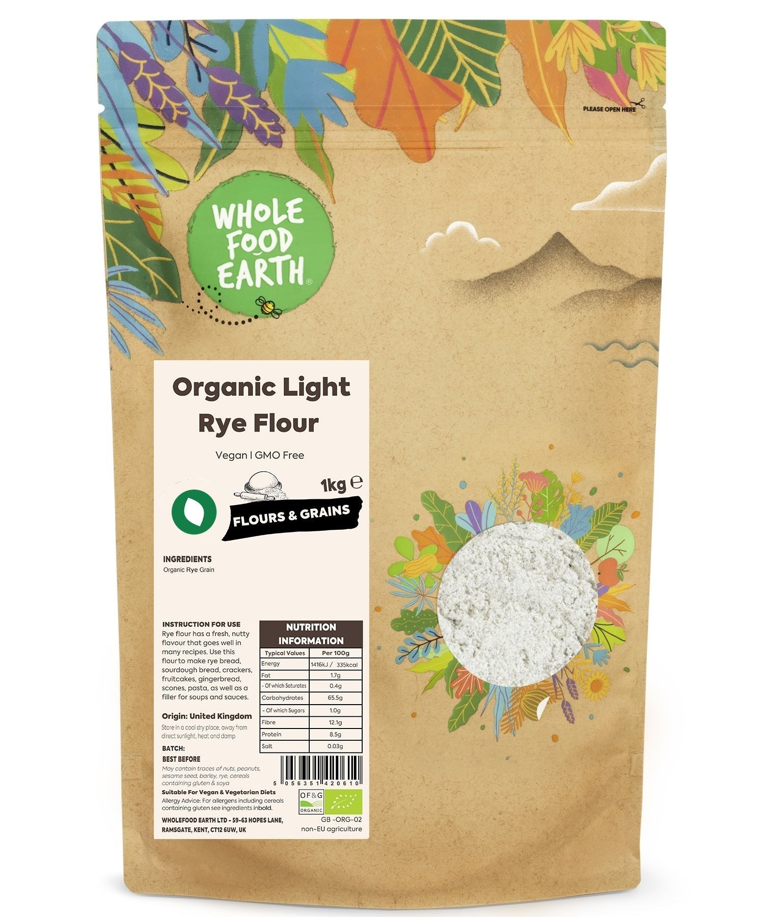 Organic Light Rye Flour from Whole Food Earth, showing a bag of light-colored rye flour on a wooden surface.