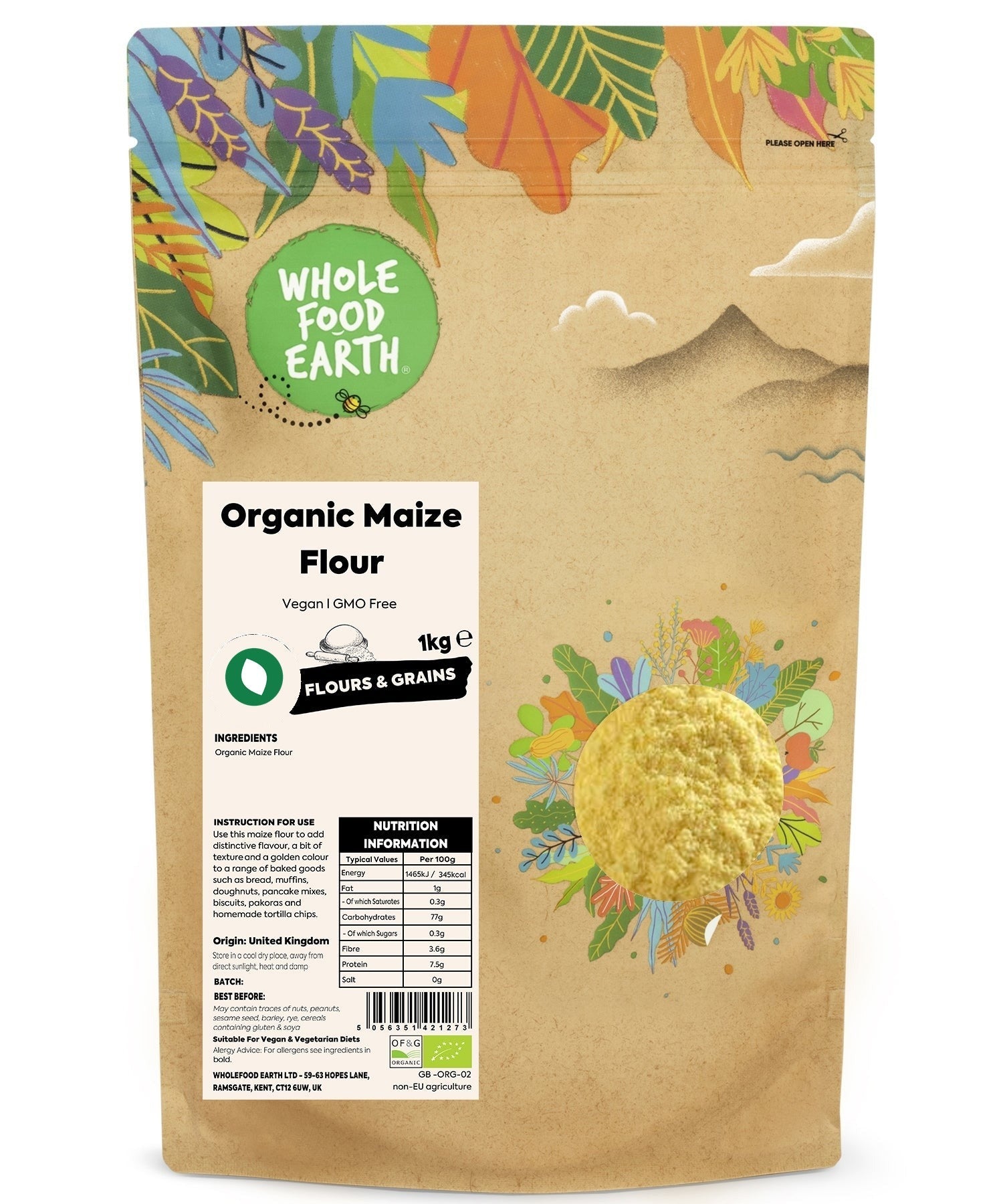 Organic maize flour from Whole Food Earth, showing a bag of natural maize flour for baking and cooking.
