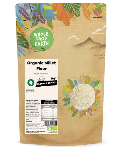 Organic millet flour in a clear bag, showing light beige, fine-textured millet grains for baking and cooking.