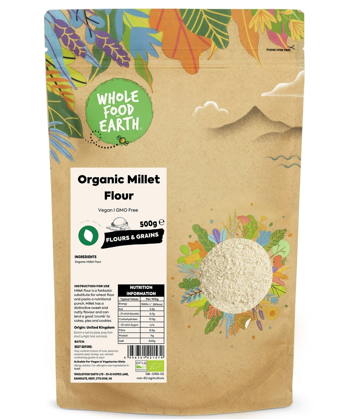 Organic millet flour in a clear container, showing the light beige color and fine texture of Whole Food Earth’s gluten-free flour.