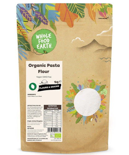 Organic pasta flour from Whole Food Earth, showing a bag of natural, unbleached flour for making fresh pasta.