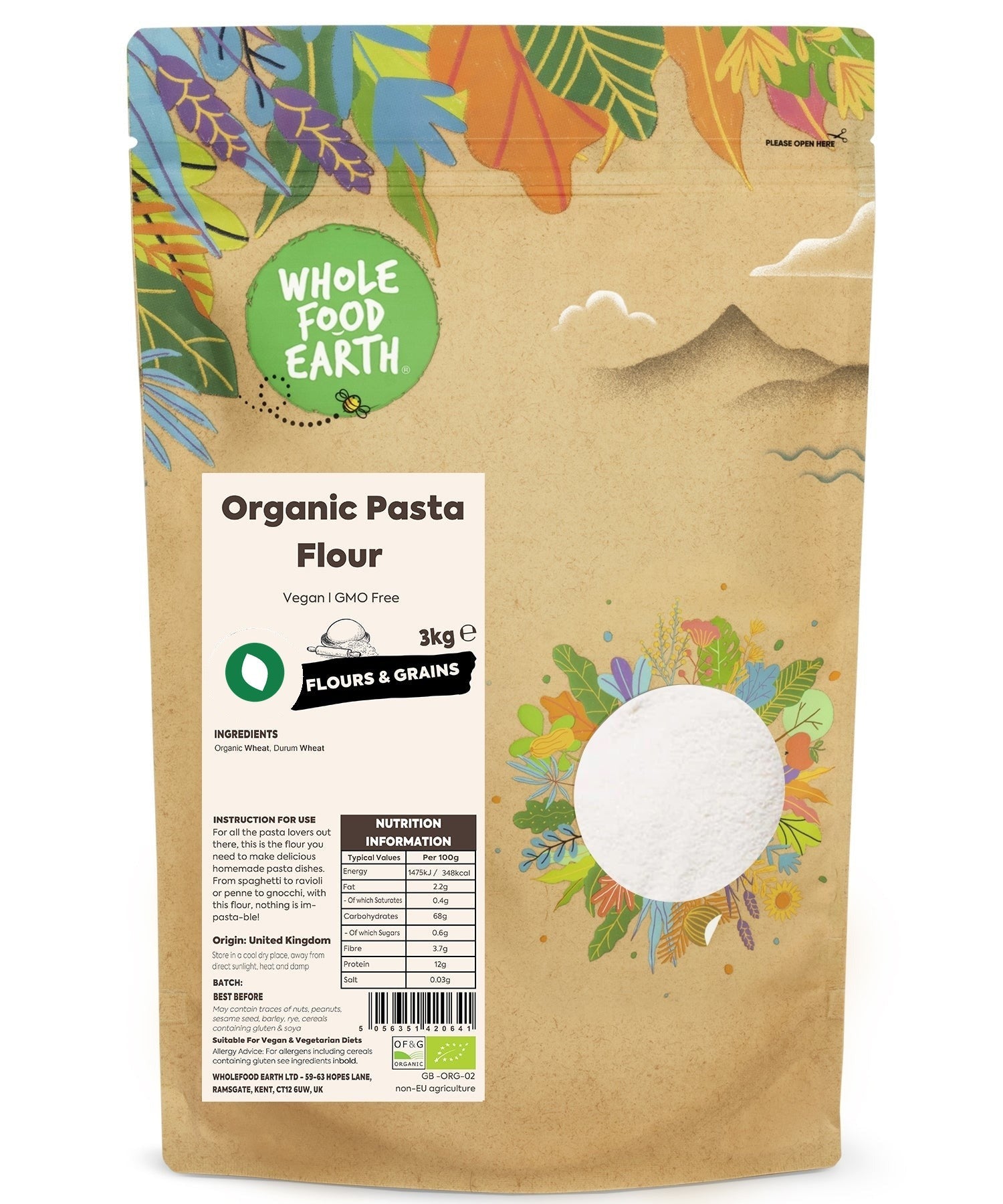 Organic pasta flour from Whole Food Earth, showing a bag of gluten-free, whole grain flour for pasta making.