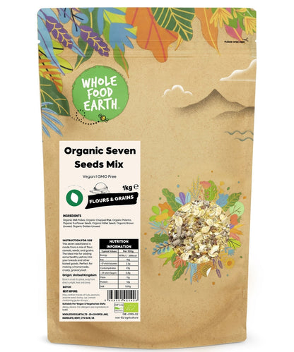 Organic Seven Seeds Mix from Whole Food Earth, a blend of various natural seeds in a clear container.