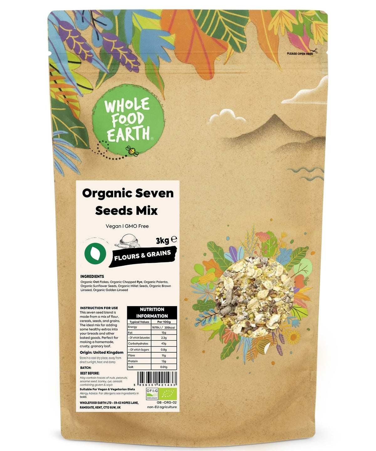 Organic Seven Seeds Mix from Whole Food Earth featuring a colorful blend of various seeds in a bowl on a rustic wooden surface.