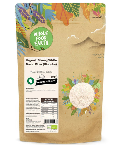 Organic Strong White Bread Flour by Whole Food Earth, Biobake, showing a bag of premium white bread flour for baking.