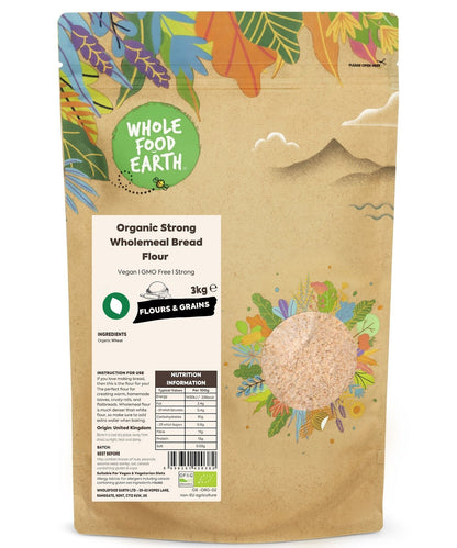 Organic strong wholemeal bread flour in a bag from Whole Food Earth, displayed with a rustic bread loaf.