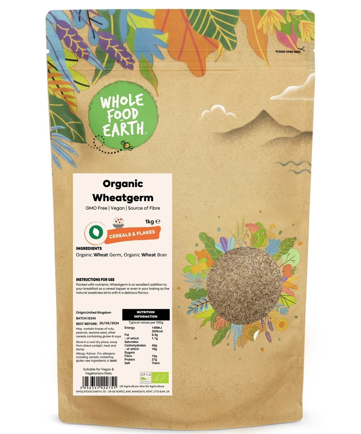 Organic Whole Food Earth wheatgerm in a clear glass jar, showing the light tan, textured wheatgerm with a natural, wholesome appearance.