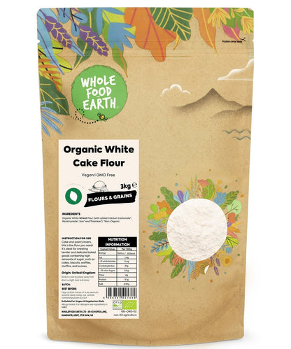 Bag of Whole Food Earth organic white cake flour, gluten-free flour for baking, with a clear label and a white background.