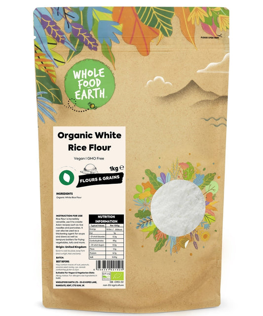 Organic white rice flour from Whole Food Earth, showing a bag of gluten-free flour for baking and cooking.
