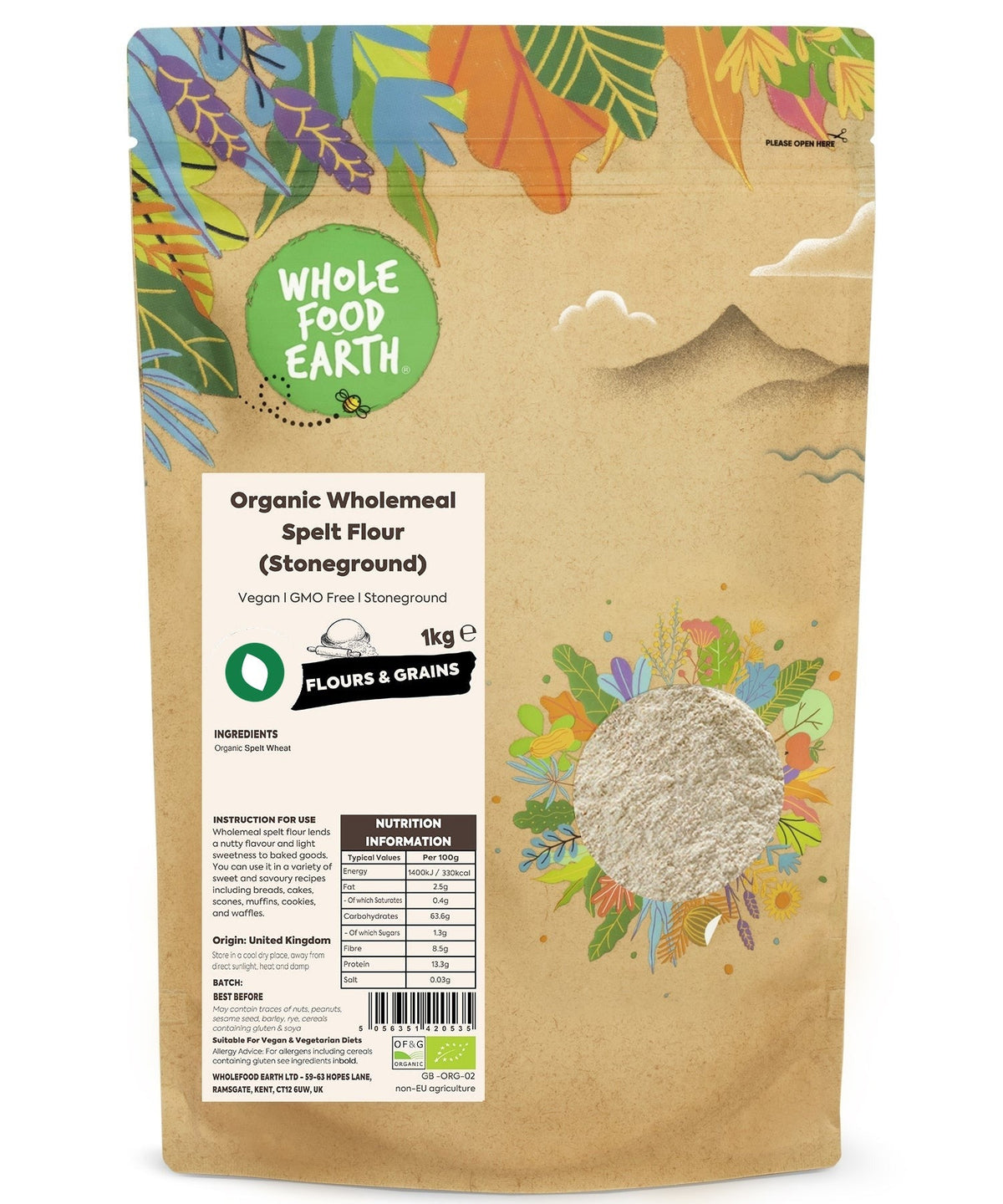 Organic wholemeal spelt flour from Whole Food Earth, stoneground in a natural, rustic flour bag.