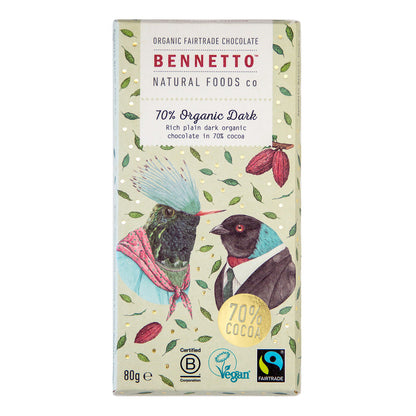 Bennetto Natural Foods UK organic dark chocolate bar, 70% cacao, front view showing sleek packaging and rich chocolate appearance.