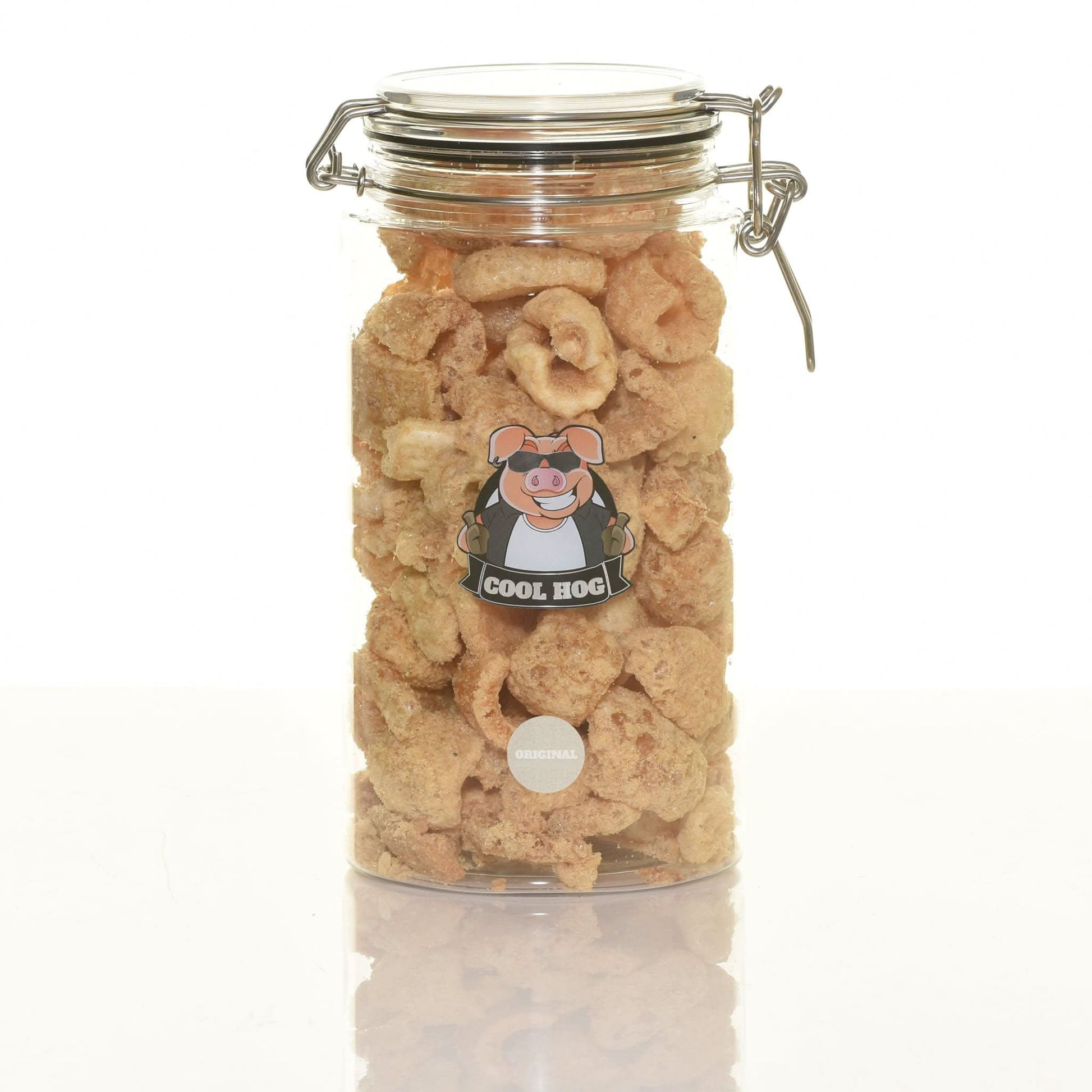 Cool Hog Snacks Original Flavour Pork Scratching Jar with visible pork jerky pieces and clear jar label.