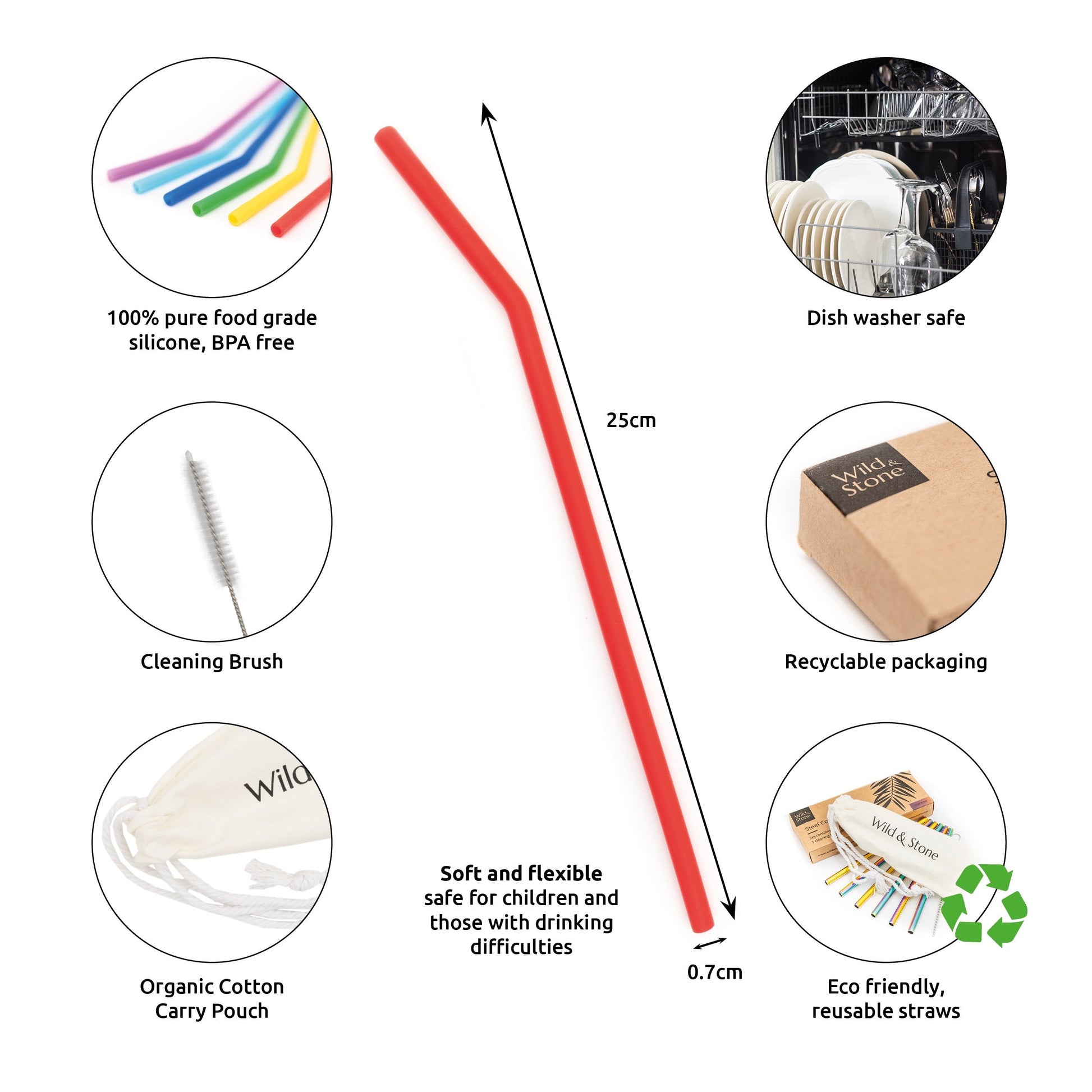 Set of six reusable silicone drinking straws from Wild And Stone, flexible and eco-friendly for beverages.