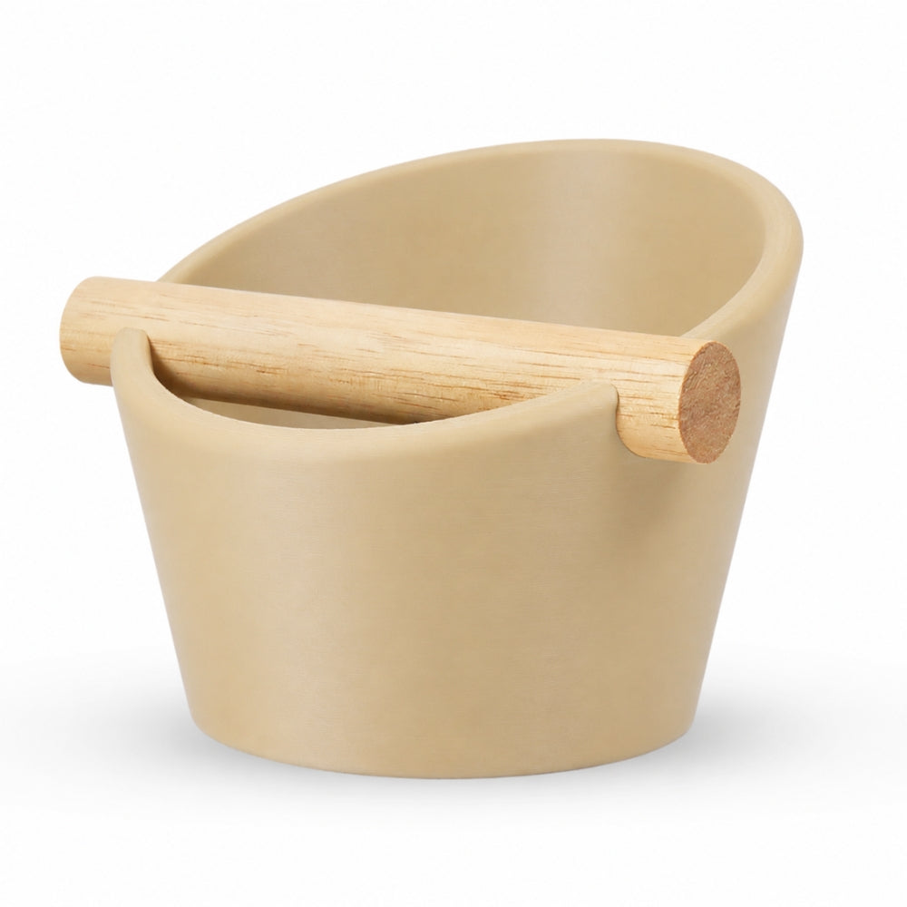 Oval coffee knock box with desert tan finish and real oak wood bar by KNOCDIC® for espresso machine cleaning.