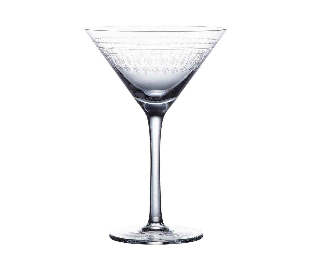 Pair of Vintage List crystal martini glasses with elegant oval design, clear glass and sophisticated style.