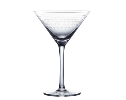 Pair of Vintage List crystal martini glasses with elegant oval design, clear glass and sophisticated style.