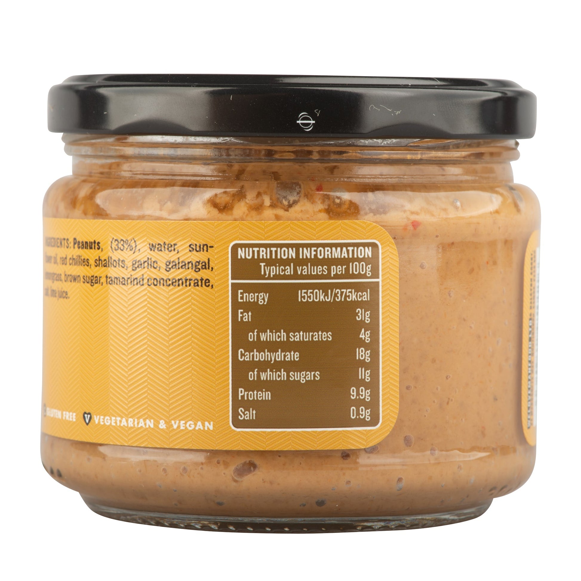 Creamy Manfood Peanut Satay Sauce in a jar, showcasing its smooth texture and rich peanut flavor.