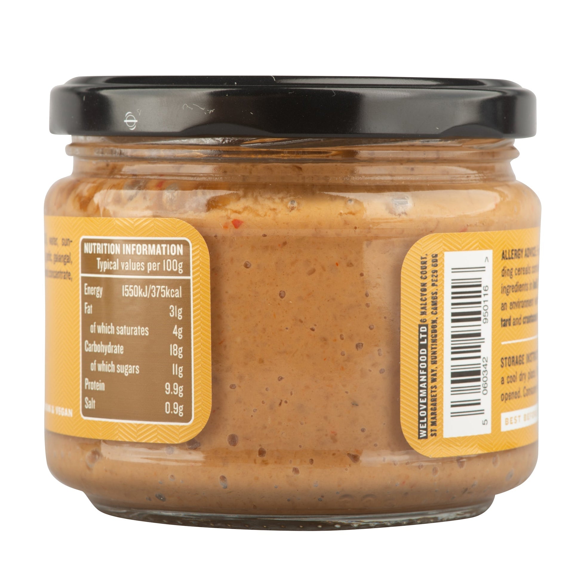 Creamy peanut satay sauce in a jar, made by Manfood, perfect for dipping or adding flavor to dishes.