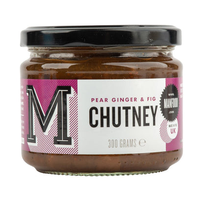 Manfood Pear, Apple, Fig & Plum Chutney jar showing colorful chunks of fruit and chutney in a clear glass container.